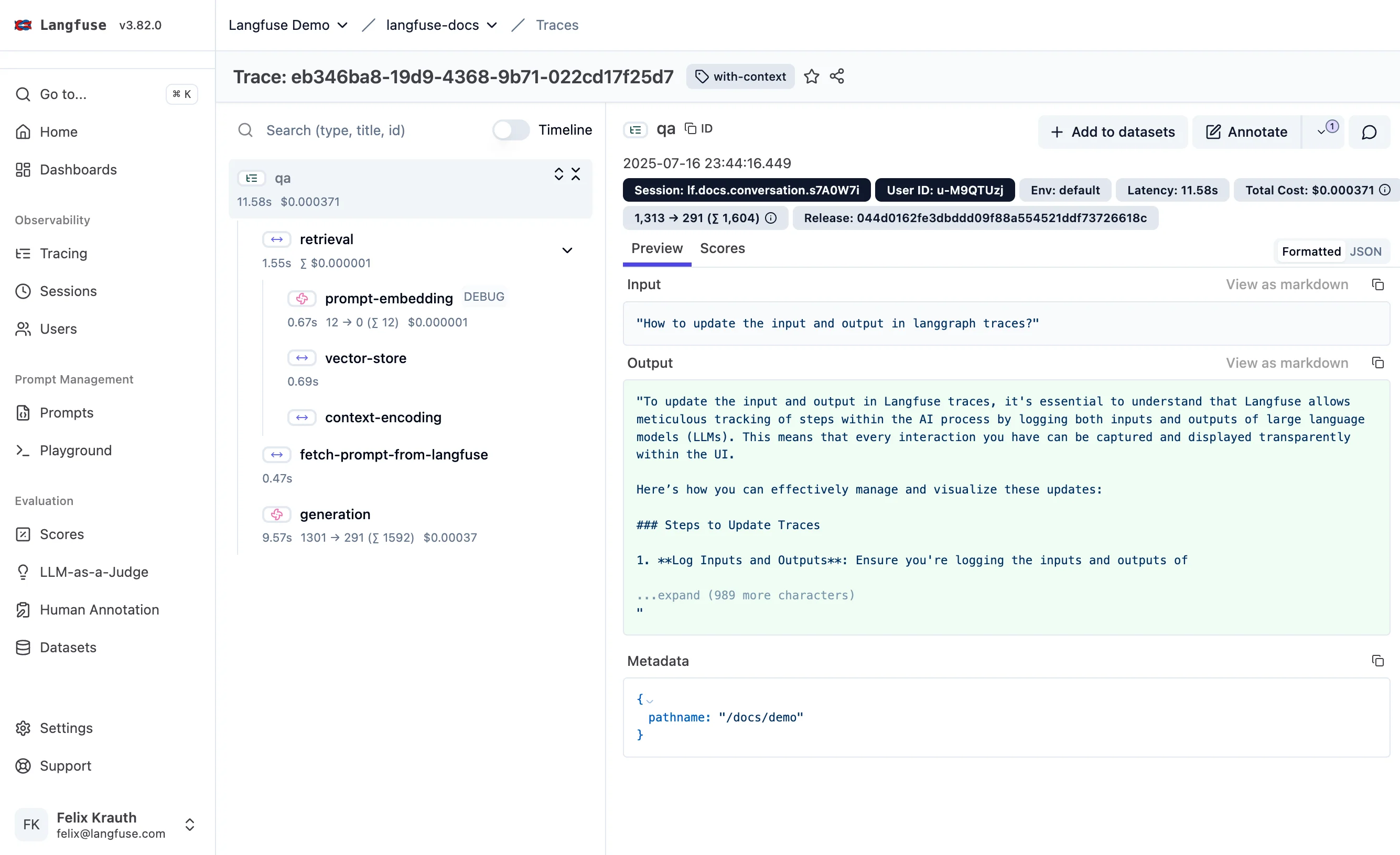 Langfuse Trace 页面示例